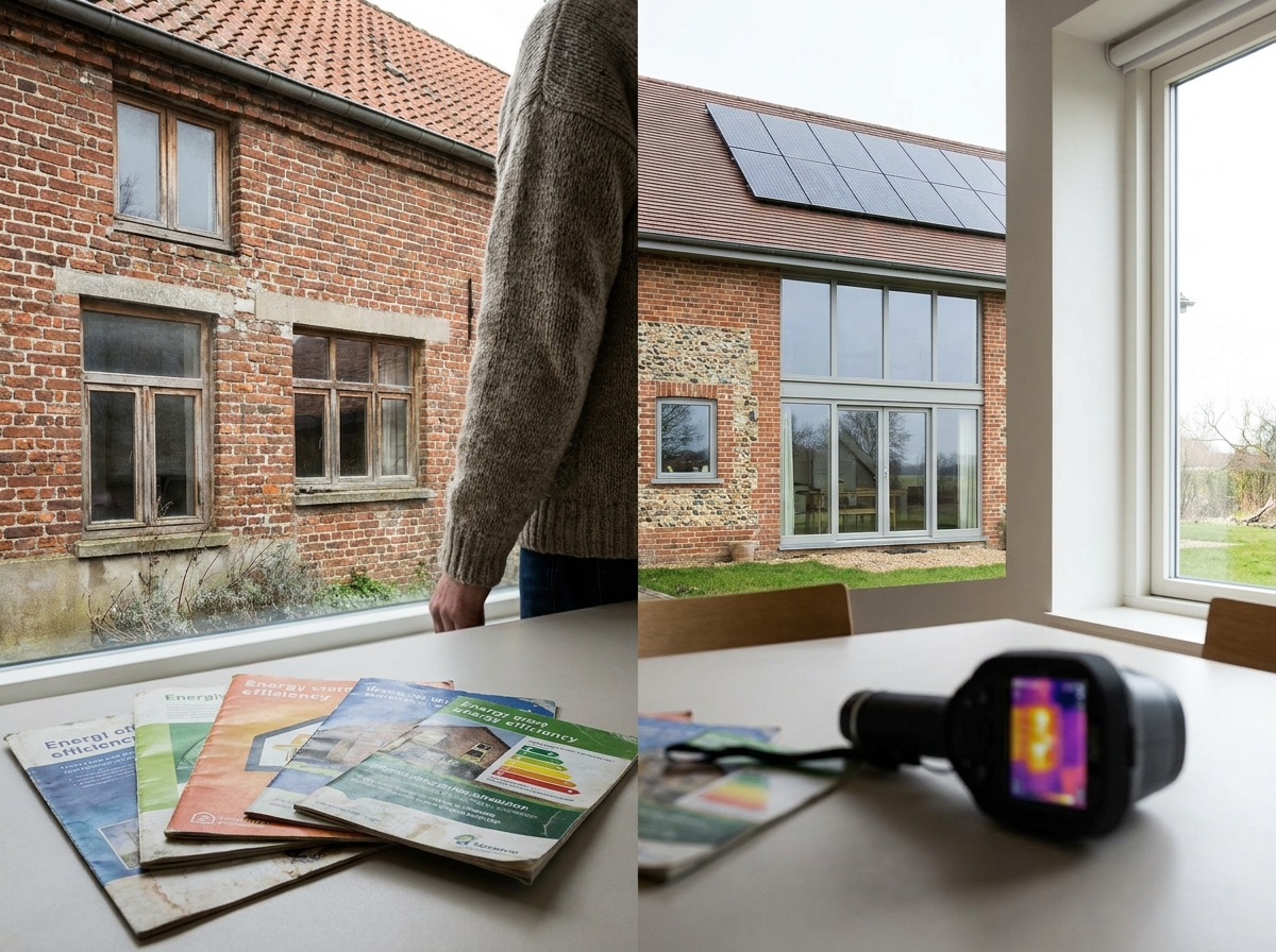Energielabel van een woning op de keukentafel naast een bouwtekening