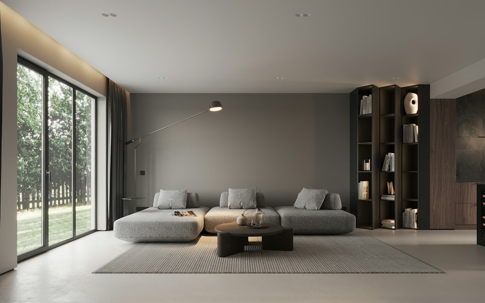 Moderne woonkamer met grote hoekbank en vloerkleed