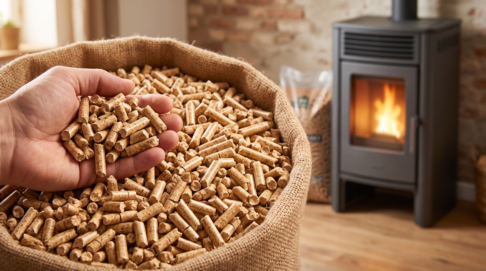 Houtpellets in een zak naast een pelletkachel